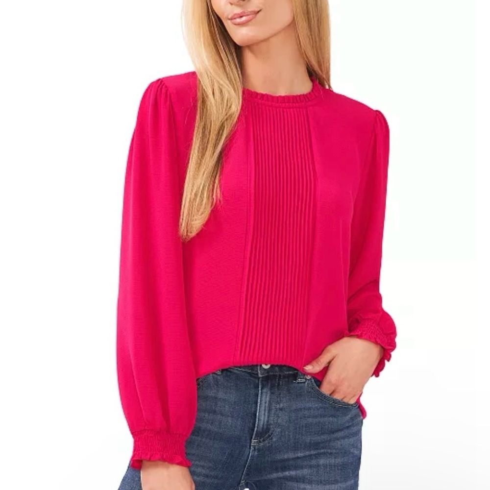 NWT.CeCe Women’s Long Sleeve Smocked Cuff pin-TuckFrom Blouse Bright Geranium XS